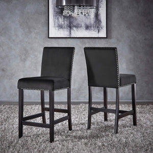 Banford Velvet Nailhead Counter Height Stool Set with Rubberwood Legs for Kitchen Bar