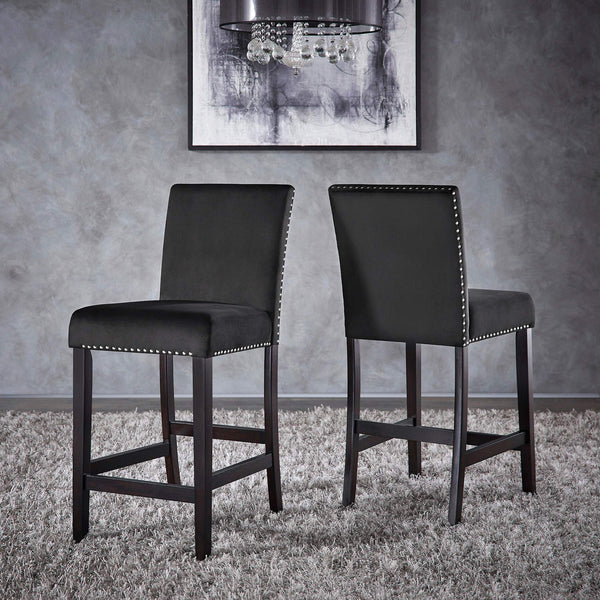 Banford Velvet Nailhead Counter Height Stool Set with Rubberwood Legs for Kitchen Bar