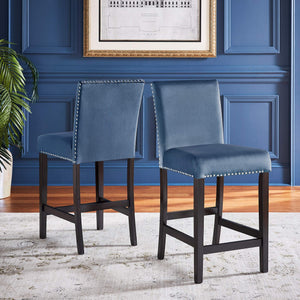 Banford Velvet Nailhead Counter Height Stool Set with Rubberwood Legs for Kitchen Bar