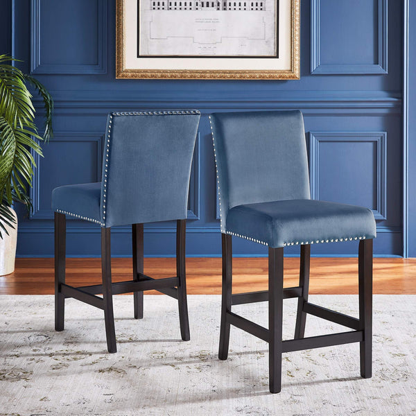 Banford Velvet Nailhead Counter Height Stool Set with Rubberwood Legs for Kitchen Bar