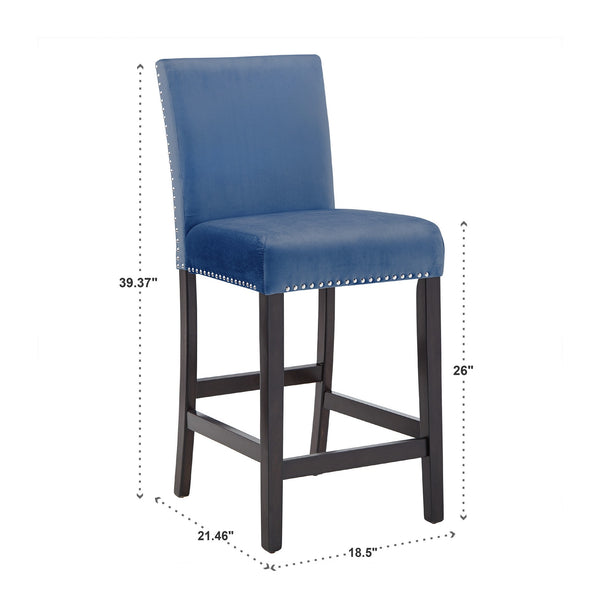 Banford Velvet Nailhead Counter Height Stool Set with Rubberwood Legs for Kitchen Bar