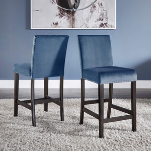 Banford Velvet Nailhead Counter Height Stool Set with Rubberwood Legs for Kitchen Bar