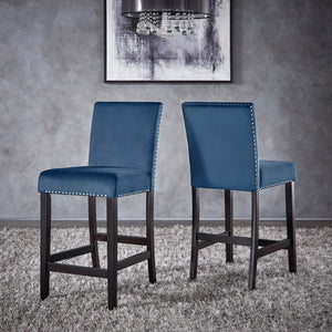 Banford Velvet Nailhead Counter Height Stool Set with Rubberwood Legs for Kitchen Bar
