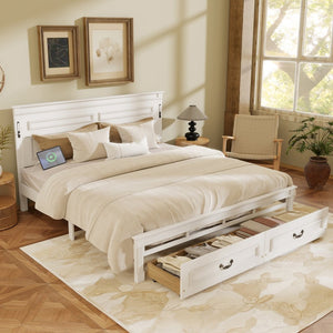 English Elm King Pine Wood Storage Bed with Led Lighting Usb Charging Tall Panel Headboard White W504S00269