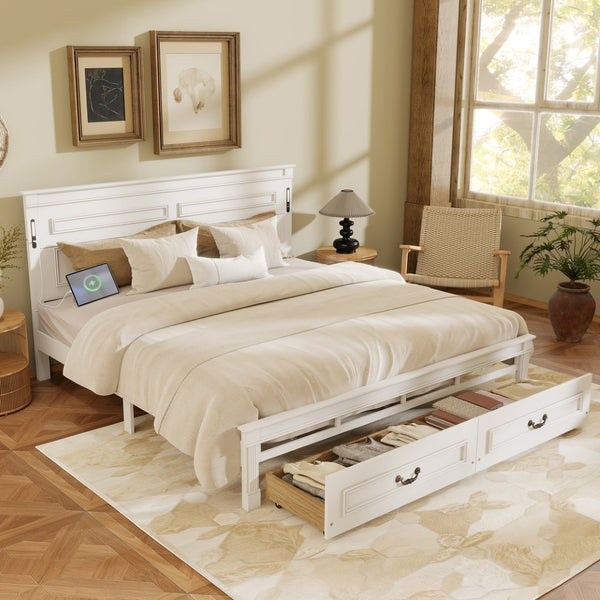 English Elm King Pine Wood Storage Bed with Led Lighting Usb Charging Tall Panel Headboard White W504S00269