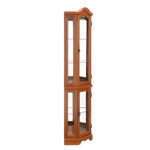 English Elm Lighted Corner Curio Cabinet With Adjustable Shelves & Tempered Glass - Elegant Oak Display Piece W1758P300132