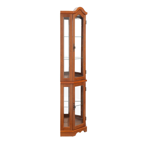 English Elm Lighted Corner Curio Cabinet With Adjustable Shelves & Tempered Glass - Elegant Oak Display Piece W1758P300132