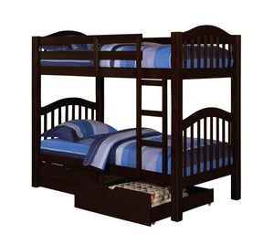 English Elm Espresso Twin Over Twin Convertible Bunk Bed with Right Ladder, Guard Rail, Sturdy Slat System B062S00497