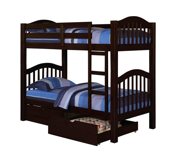 English Elm Espresso Twin Over Twin Convertible Bunk Bed with Right Ladder, Guard Rail, Sturdy Slat System B062S00497