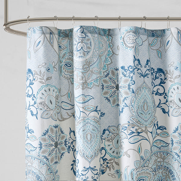 JLA Home Madison Park - Printed Cotton Shower Curtain — Soft Blue Floral & Medallion Percale, OEKO-TEX, 72"x72", Machine Washable MP70-5822