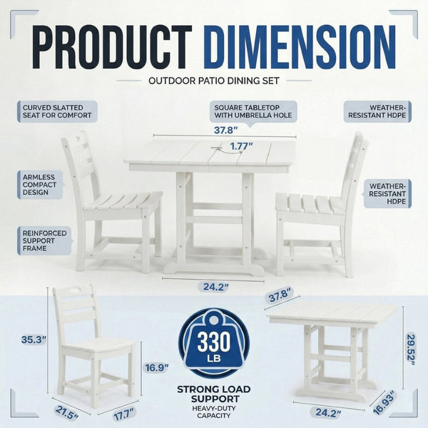 English Elm Antique Wood Tone Hdpe 3 Piece Outdoor Bistro Set Square Table Two Matching Chairs White W3566S00039
