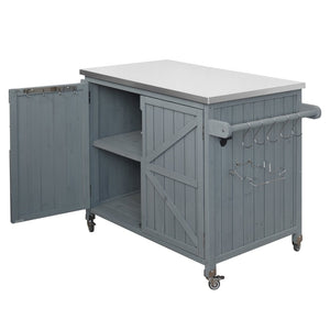 English Elm K&k Rolling Outdoor Kitchen Island Solid Fir Wood Stainless Steel Top Storage Cabinet Grey+Blue N707P370287G