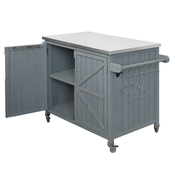 English Elm K&k Rolling Outdoor Kitchen Island Solid Fir Wood Stainless Steel Top Storage Cabinet Grey+Blue N707P370287G