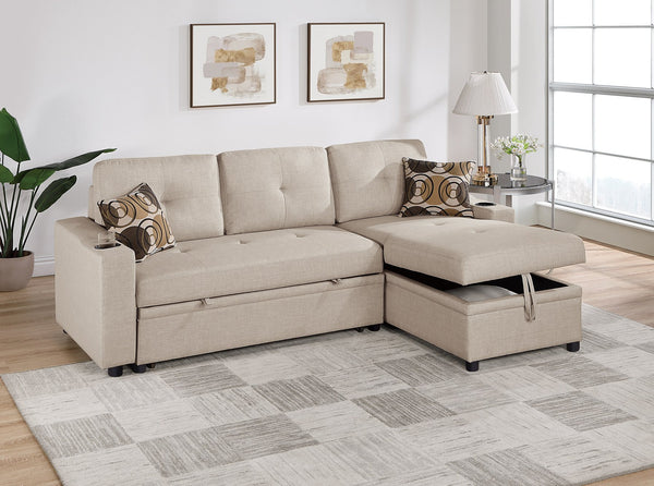 English Elm Beige Convertible Sectional Sofa with Pull-Out Bed, Reversible Storage Chaise & Dual Cupholders B011S01022