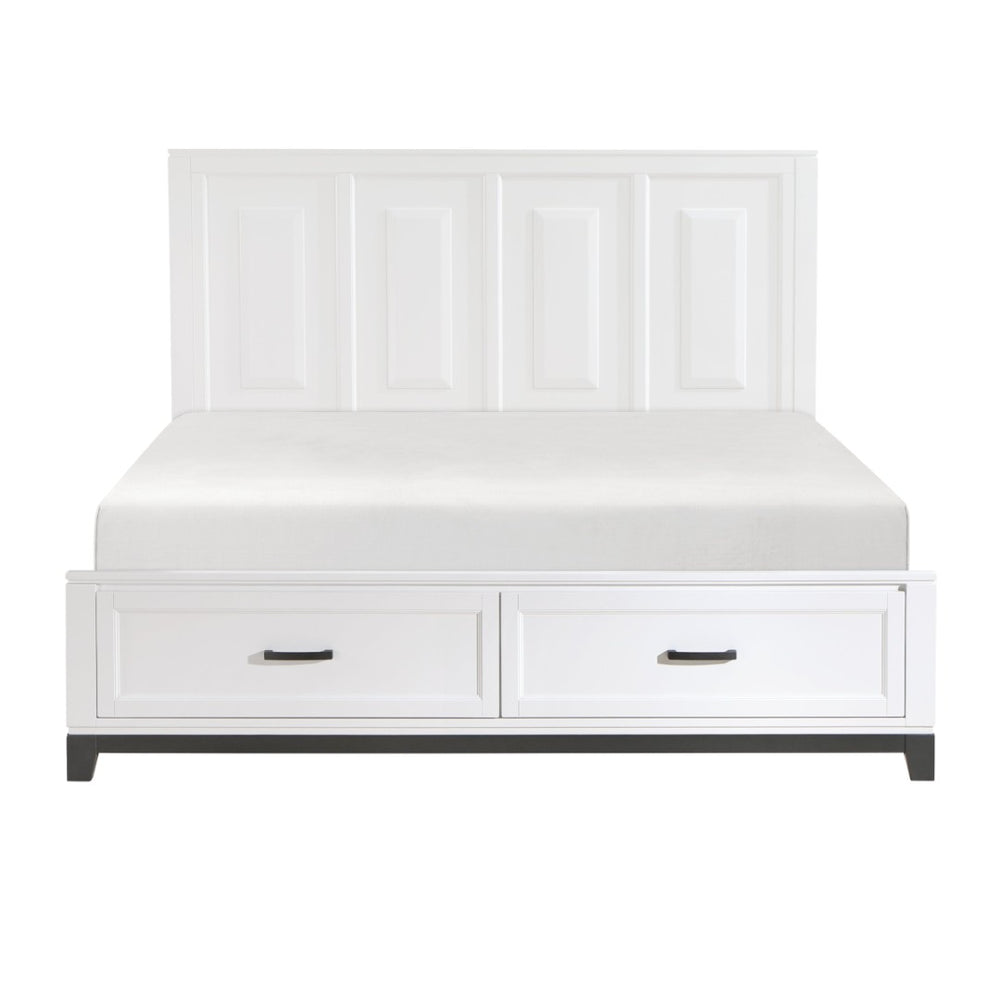 English Elm White King Platform Bed Tall Paneled Headboard Storage Drawers Solid Wood Frame B011S01494