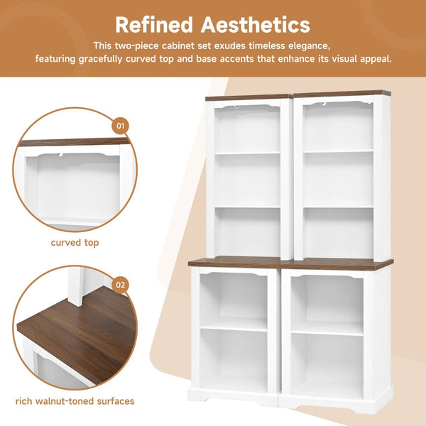 English Elm On-trend Two Piece Walnut Veneer Freestanding Bookcase Set with Curved Sculptural White N721P394507K