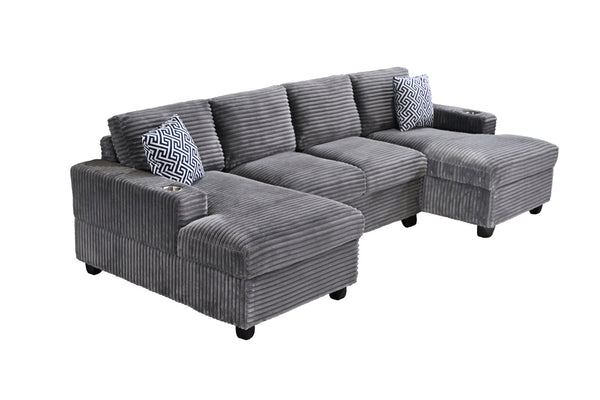 English Elm Multifunctional Corduroy Modular Sectional with Dual Chaise Cup Holders Living Room Dark Gray B2730S00072