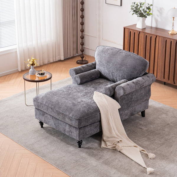 English Elm [New] Oversized Chaise Lounge Indoor Chenille Sleeper Recliner Armchair with Wide Foam Seat & Pillows DARK GREY W2363S00085