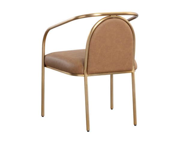 Sunpan Cicero Dining Armchair - Elegant Milliken Cognac Faux Leather & Gold Stainless Steel Accent Piece