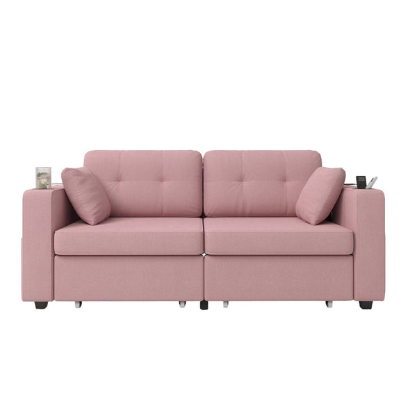 English Elm Sofas for Living Room Chenille Three Seat Couch with Usb Charging Storage and Cup Holder Pink W395S00147