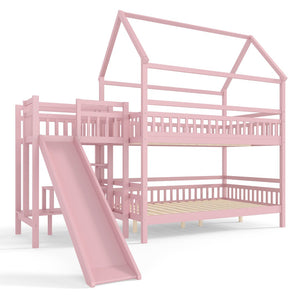 English Elm Full Bunk Bed with Trundle Bookshelf Storage Pine Frame Car Design for Kids Pink W1580S00304