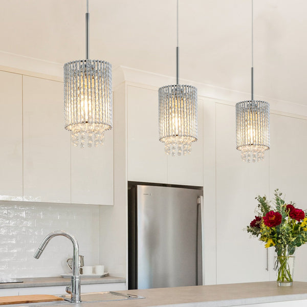 English Elm 5" Modern Crystal Pendant Light 3-Pack Adjustable Chrome Ceiling Fixture with Clear Beads, Slim Elegant Design for Kitchen Island, Dining Room, Living Room W2312P374972