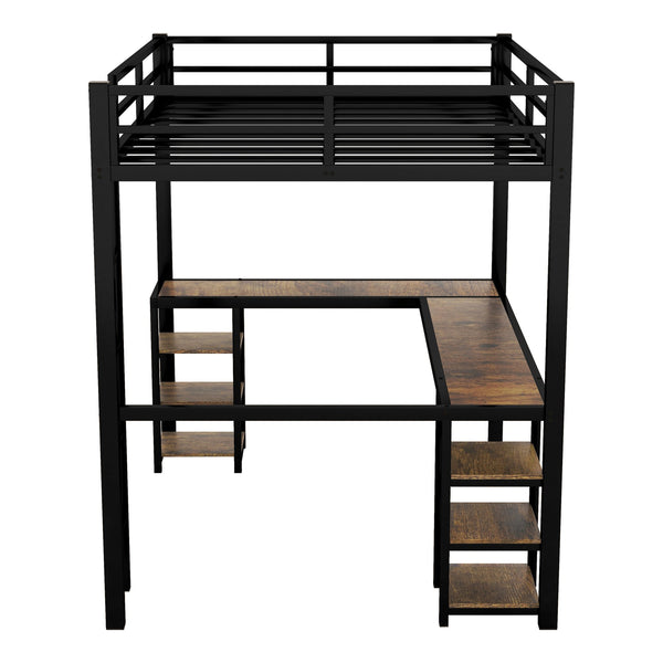 English Elm Full Metal Loft Bed With Vintage Wood Desk & Shelves - Stylish Space-Saving Solution For Bedrooms W1580S00040