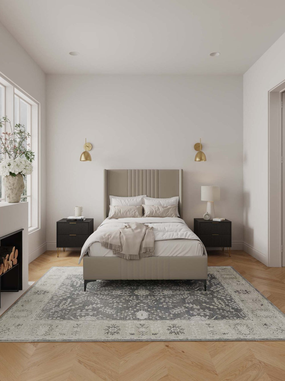 English Elm 48" Full Velvet Upholstered Bed Channel Tufted Headboard Mid-century Modern Bedroom Taupe B365S00158