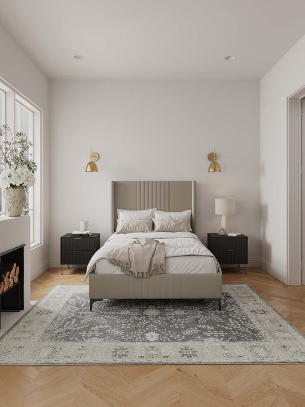 English Elm 48" Full Velvet Upholstered Bed Channel Tufted Headboard Mid-century Modern Bedroom Taupe B365S00158