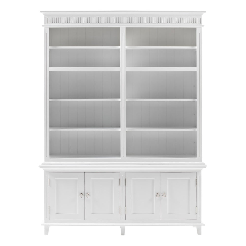 HomeRoots 87" Antiqued White Solid Wood Four-Door Cabinet for Elegant Home Organization and Storage Solutions 523194