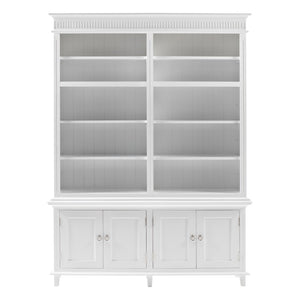 HomeRoots 87" Antiqued White Solid Wood Four-Door Cabinet for Elegant Home Organization and Storage Solutions 523194