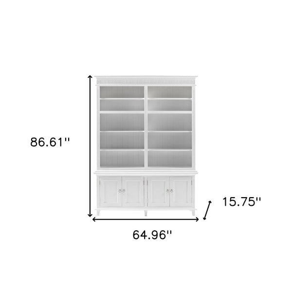 HomeRoots 87" Antiqued White Solid Wood Four-Door Cabinet for Elegant Home Organization and Storage Solutions 523194