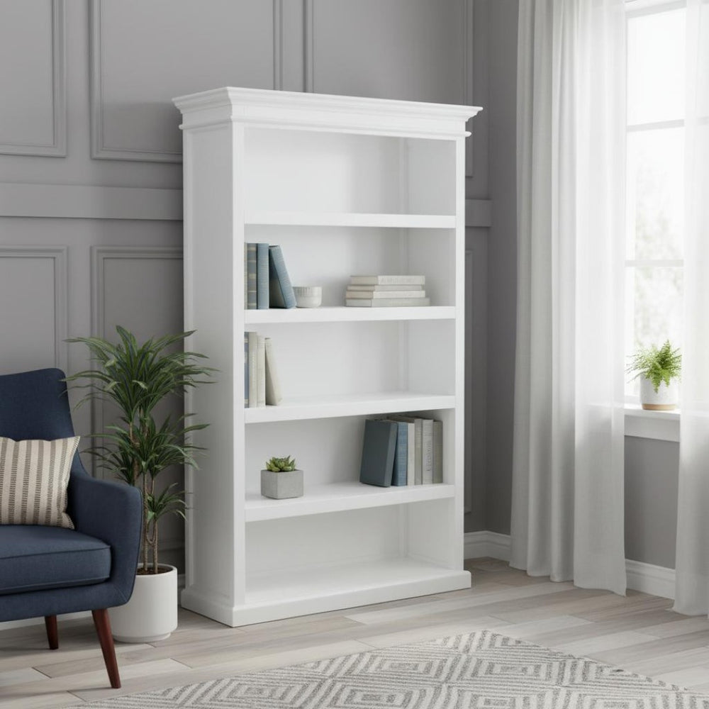 HomeRoots 77" Antiqued White Solid Wood Five-Tier Bookcase - Elegant Storage Solution for Home & Office Decor 523195