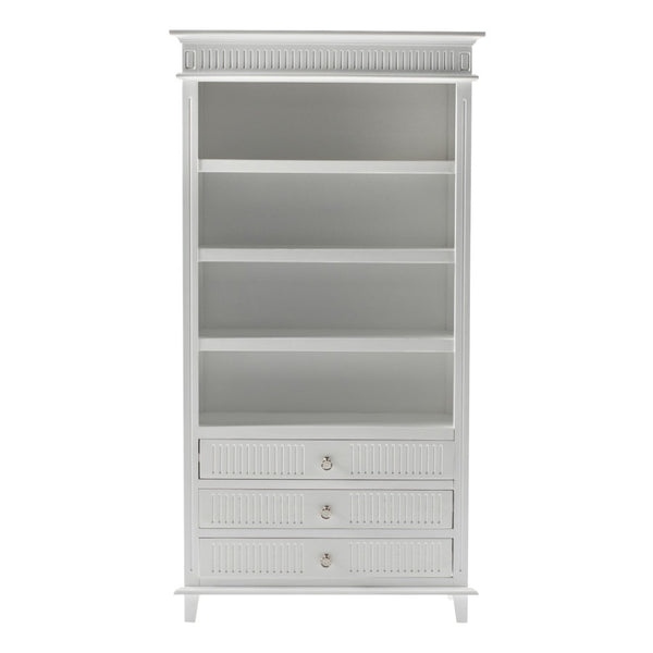 HomeRoots Antiqued White Solid Wood Four-Tier Bookcase with 3 Drawers for Stylish Storage & Display Solutions 523197