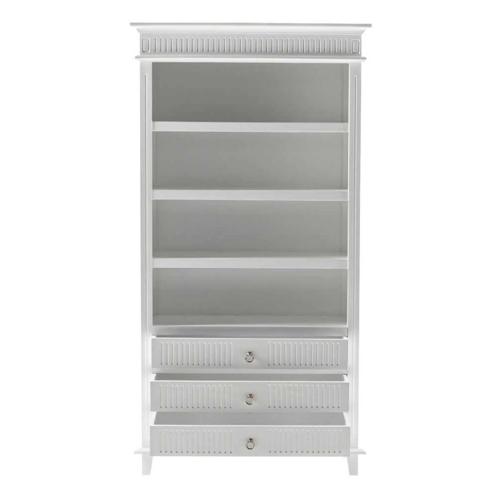 HomeRoots Antiqued White Solid Wood Four-Tier Bookcase with 3 Drawers for Stylish Storage & Display Solutions 523197
