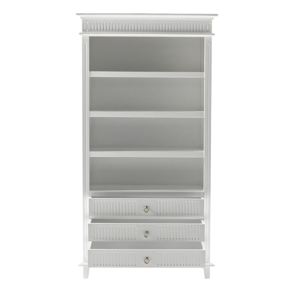HomeRoots Antiqued White Solid Wood Four-Tier Bookcase with 3 Drawers for Stylish Storage & Display Solutions 523197