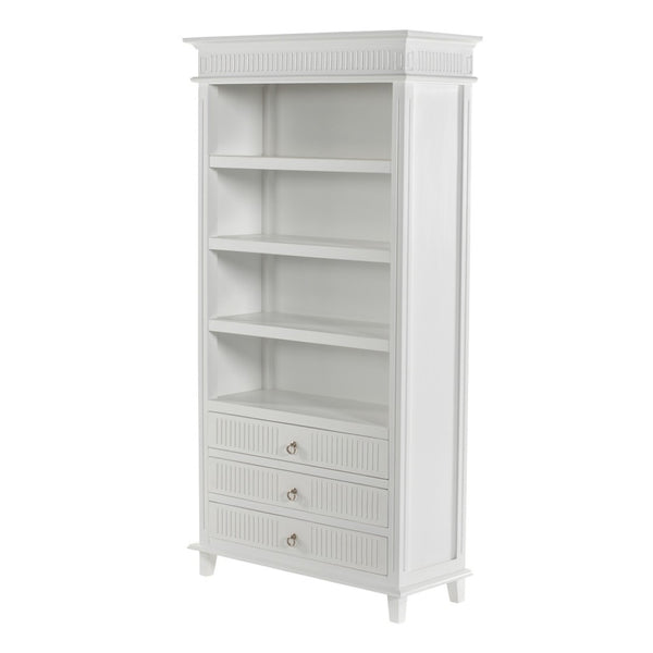 HomeRoots Antiqued White Solid Wood Four-Tier Bookcase with 3 Drawers for Stylish Storage & Display Solutions 523197