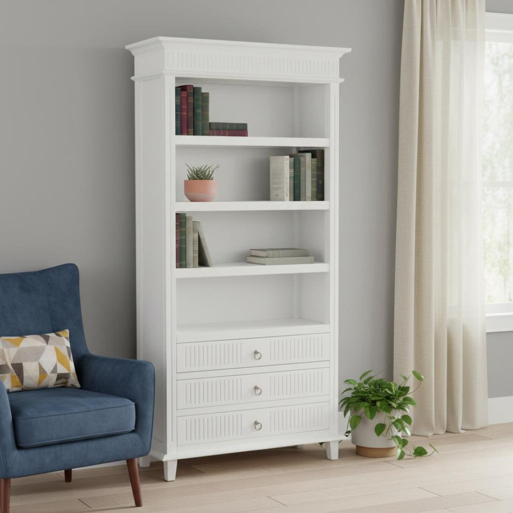 HomeRoots Antiqued White Solid Wood Four-Tier Bookcase with 3 Drawers for Stylish Storage & Display Solutions 523197
