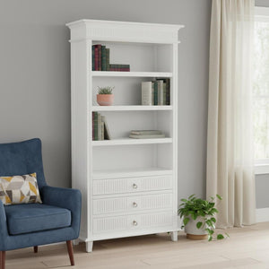 HomeRoots Antiqued White Solid Wood Four-Tier Bookcase with 3 Drawers for Stylish Storage & Display Solutions 523197