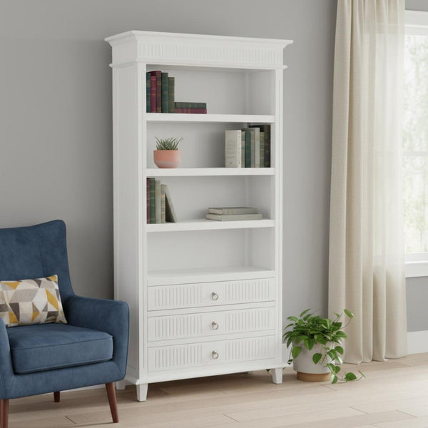HomeRoots Antiqued White Solid Wood Four-Tier Bookcase with 3 Drawers for Stylish Storage & Display Solutions 523197
