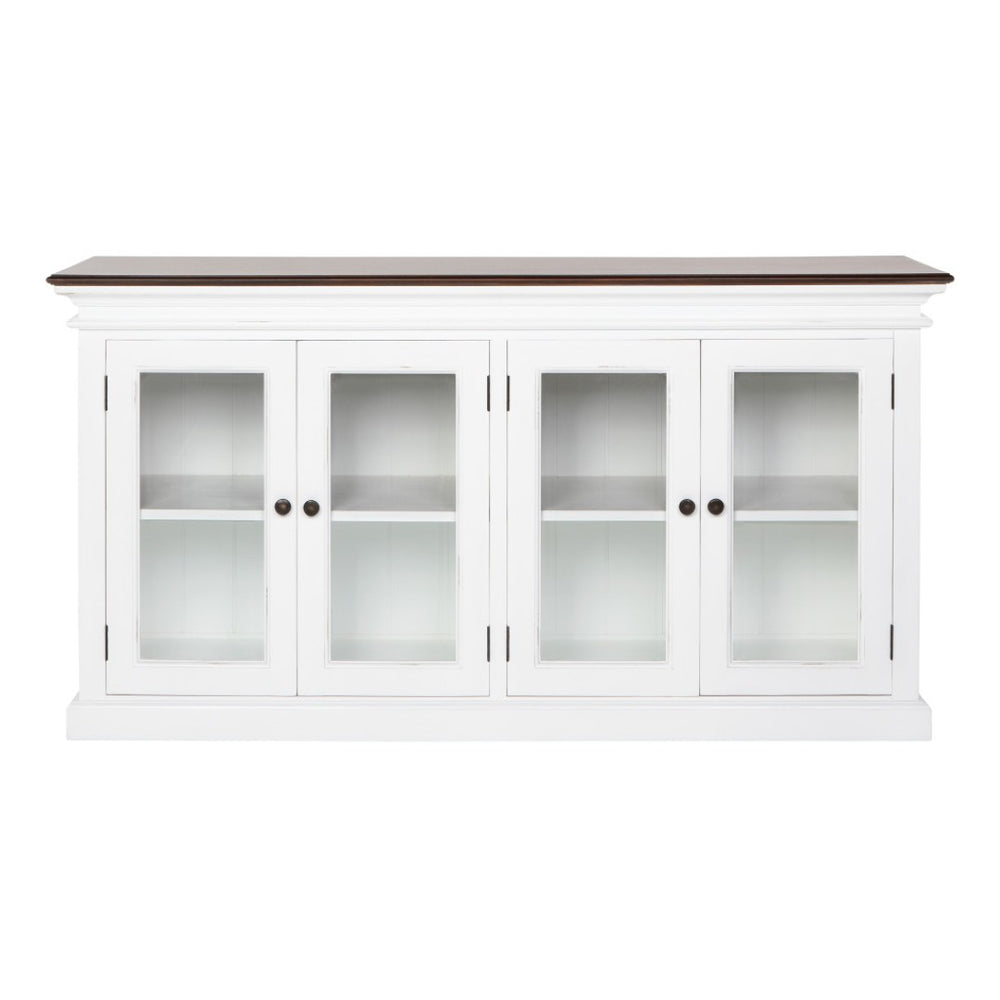 HomeRoots 67" Antiqued White Solid Wood Buffet Table with Glass Doors - Timeless Farmhouse Storage Solution 523201