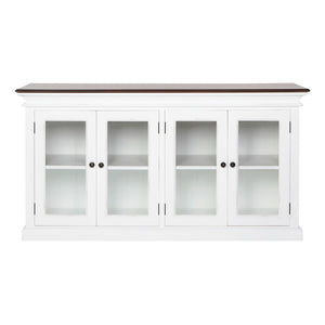 HomeRoots 67" Antiqued White Solid Wood Buffet Table with Glass Doors - Timeless Farmhouse Storage Solution 523201