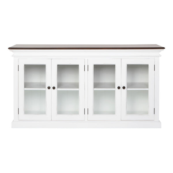 HomeRoots 67" Antiqued White Solid Wood Buffet Table with Glass Doors - Timeless Farmhouse Storage Solution 523201