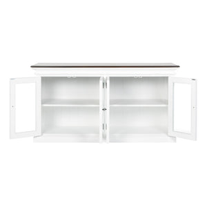 HomeRoots 67" Antiqued White Solid Wood Buffet Table with Glass Doors - Timeless Farmhouse Storage Solution 523201