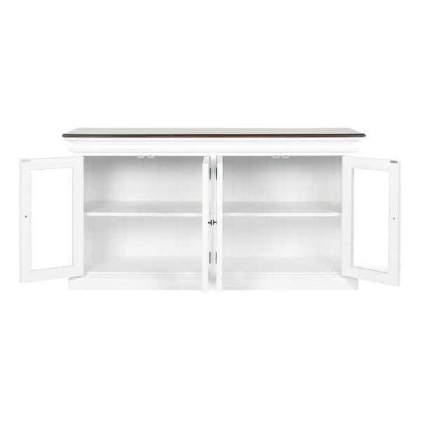 HomeRoots 67" Antiqued White Solid Wood Buffet Table with Glass Doors - Timeless Farmhouse Storage Solution 523201