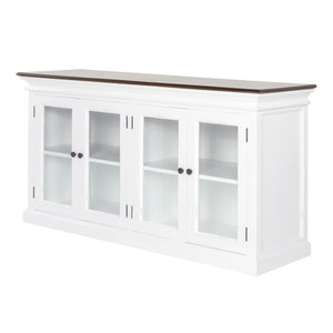HomeRoots 67" Antiqued White Solid Wood Buffet Table with Glass Doors - Timeless Farmhouse Storage Solution 523201