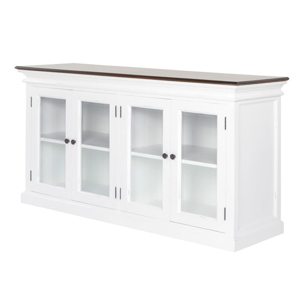 HomeRoots 67" Antiqued White Solid Wood Buffet Table with Glass Doors - Timeless Farmhouse Storage Solution 523201
