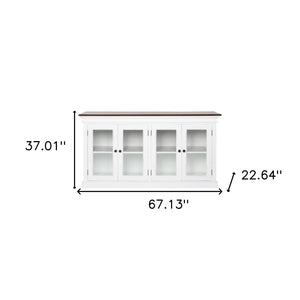 HomeRoots 67" Antiqued White Solid Wood Buffet Table with Glass Doors - Timeless Farmhouse Storage Solution 523201