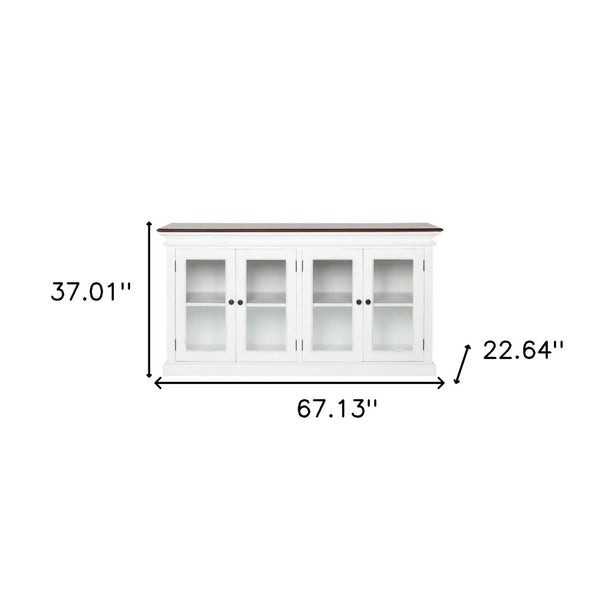 HomeRoots 67" Antiqued White Solid Wood Buffet Table with Glass Doors - Timeless Farmhouse Storage Solution 523201