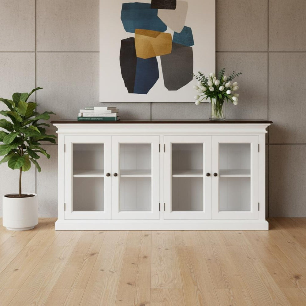 HomeRoots 67" Antiqued White Solid Wood Buffet Table with Glass Doors - Timeless Farmhouse Storage Solution 523201